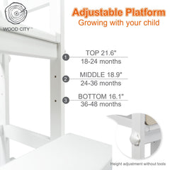WOOD CITY adjustable stool helps toddlers grow taller as they learn to reach sinks.