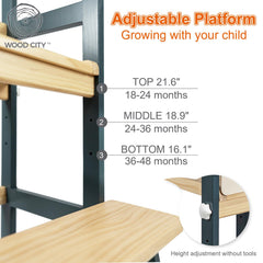 WOOD CITY Kitchen Stool Helper adjustable height demonstrates easy reach to sinks for kids.