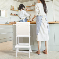 WOOD CITY wooden standing tower adds stability during kitchen tasks and handwashing.