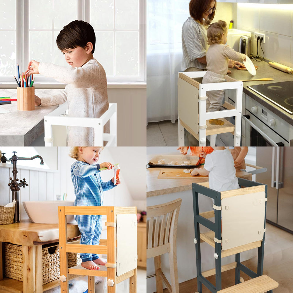 WOOD CITY toddler stepping stool supports independent tasks at kitchen and bathroom sinks.