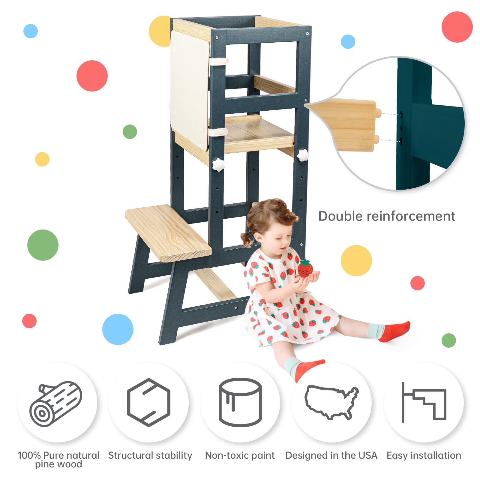 WOOD CITY Kitchen Stool Helper child standing safely at counter during handwashing.
