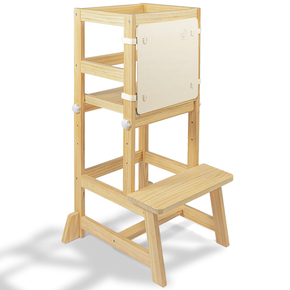 WOOD CITY kitchen-stool helper close-up shows secure non-slip mat for toddler safety.