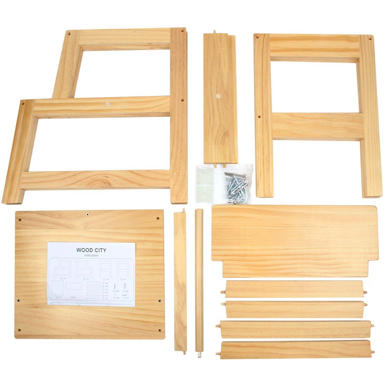 Wood City assembly with labeled parts for simple setup