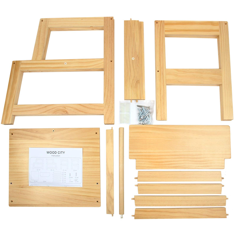 Wood City assembly with labeled parts for simple setup