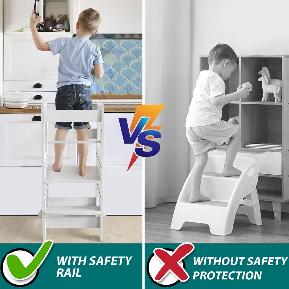 WOOD CITY Toddler stool in-use demonstrates hands-free cooking and cleaning support with child present.