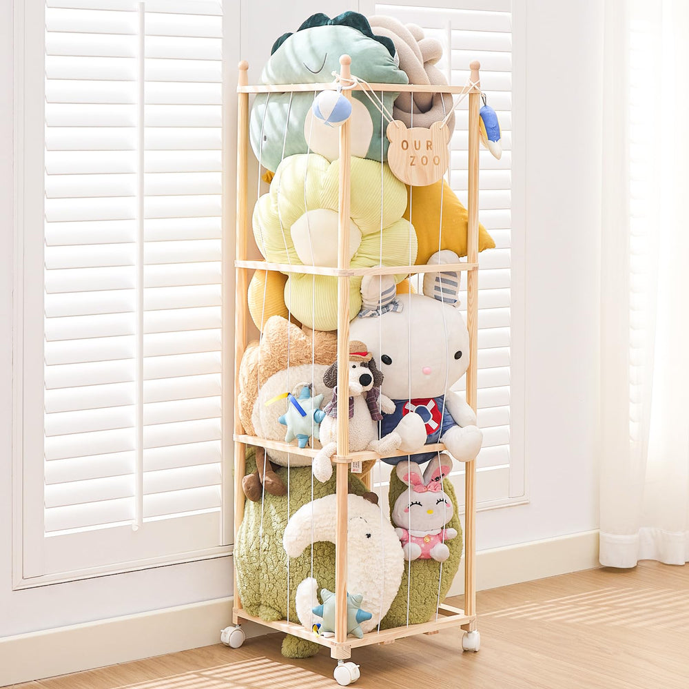 Wood City stuffed-animal-tower closeup showing neat plush storage during playtime.