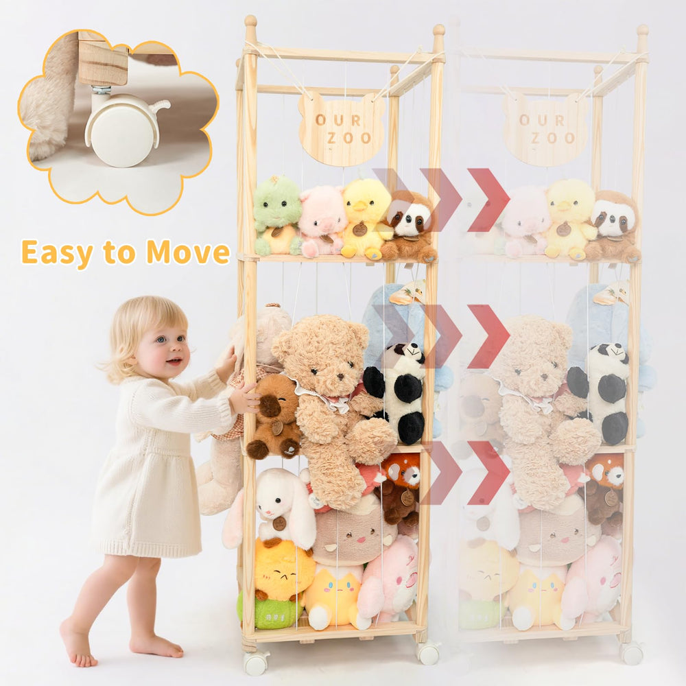 Wood City tall wooden tower-storage demonstrates high capacity for 40+ plush toys.