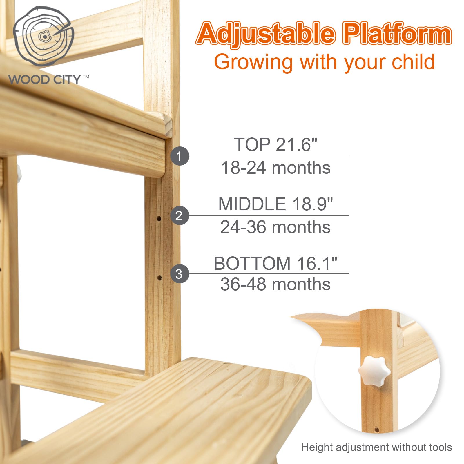 WOOD CITY toddler standing tower ready for learning at the counter.