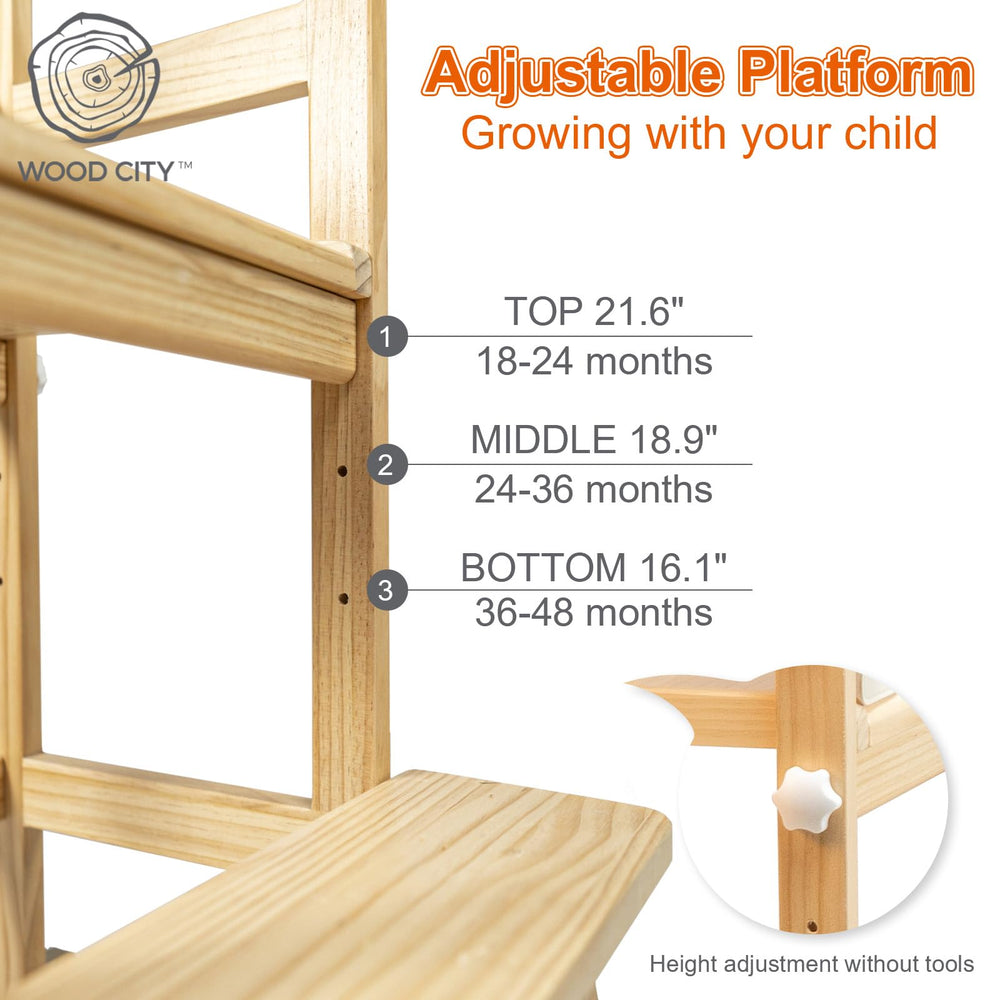 WOOD CITY toddler standing tower ready for learning at the counter.
