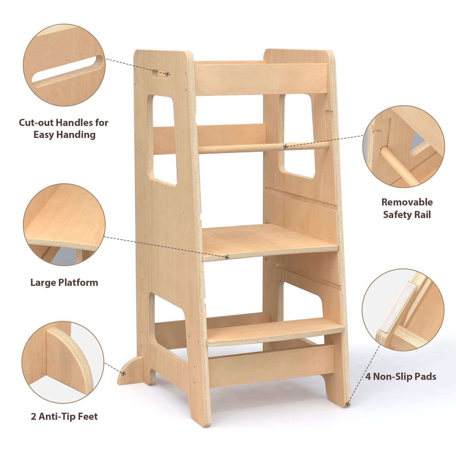 Wood City toddler stool with anti-tip corner braces for stable kitchen help.