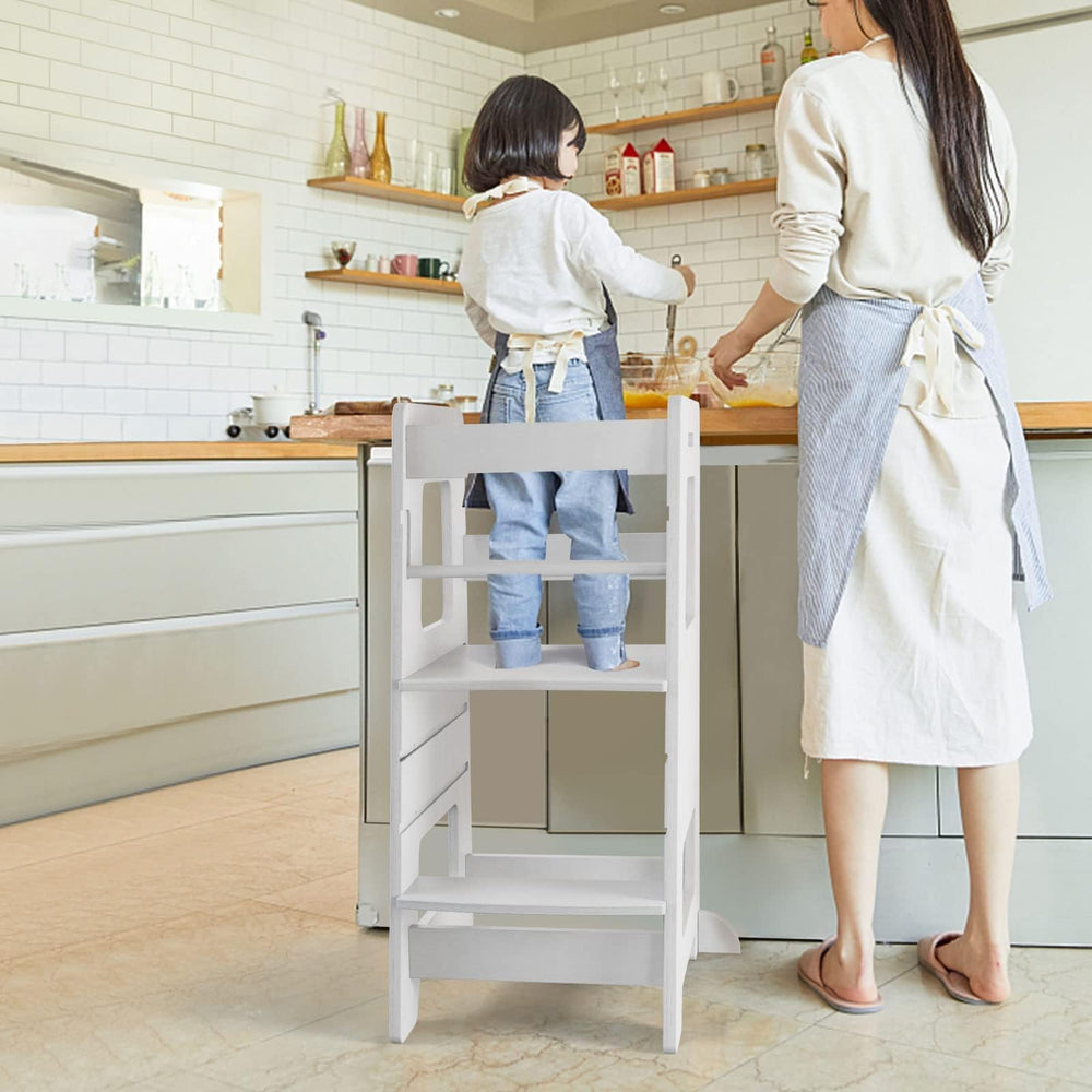 WOOD CITY Toddler Stool safety-rail demonstrates secure design for confident kitchen tasks.
