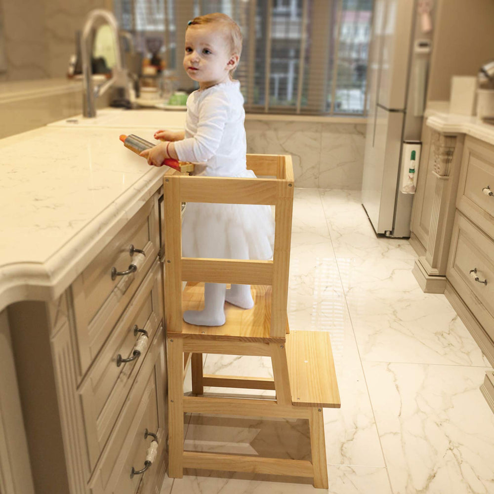 Wood City toddler stool shows solid pine wood construction and smooth finish
