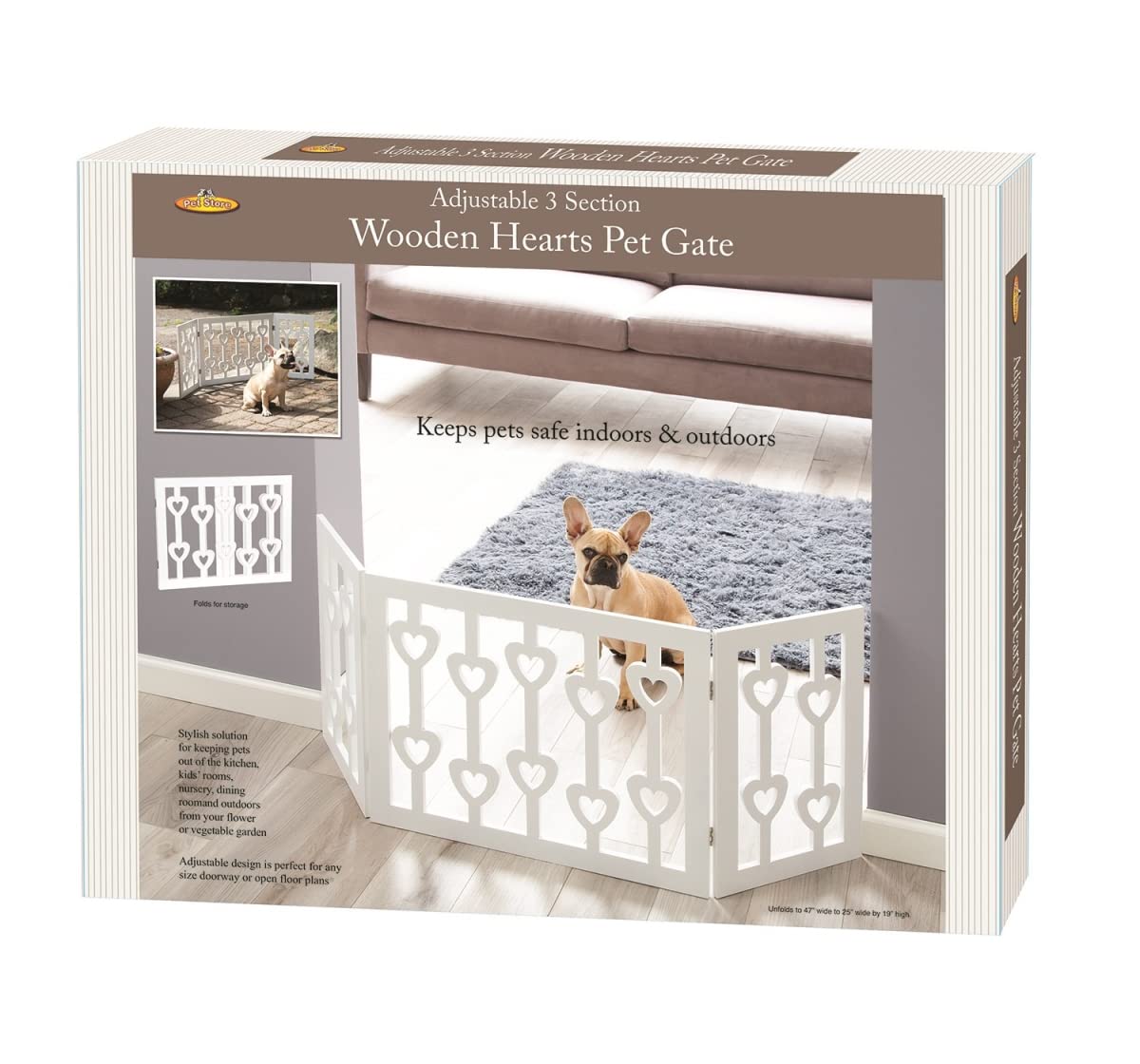 Wood Heart indoor-outdoor pet gate with freestanding three-section design for versatile containment.