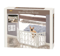 Wood Heart indoor-outdoor pet gate with freestanding three-section design for versatile containment.