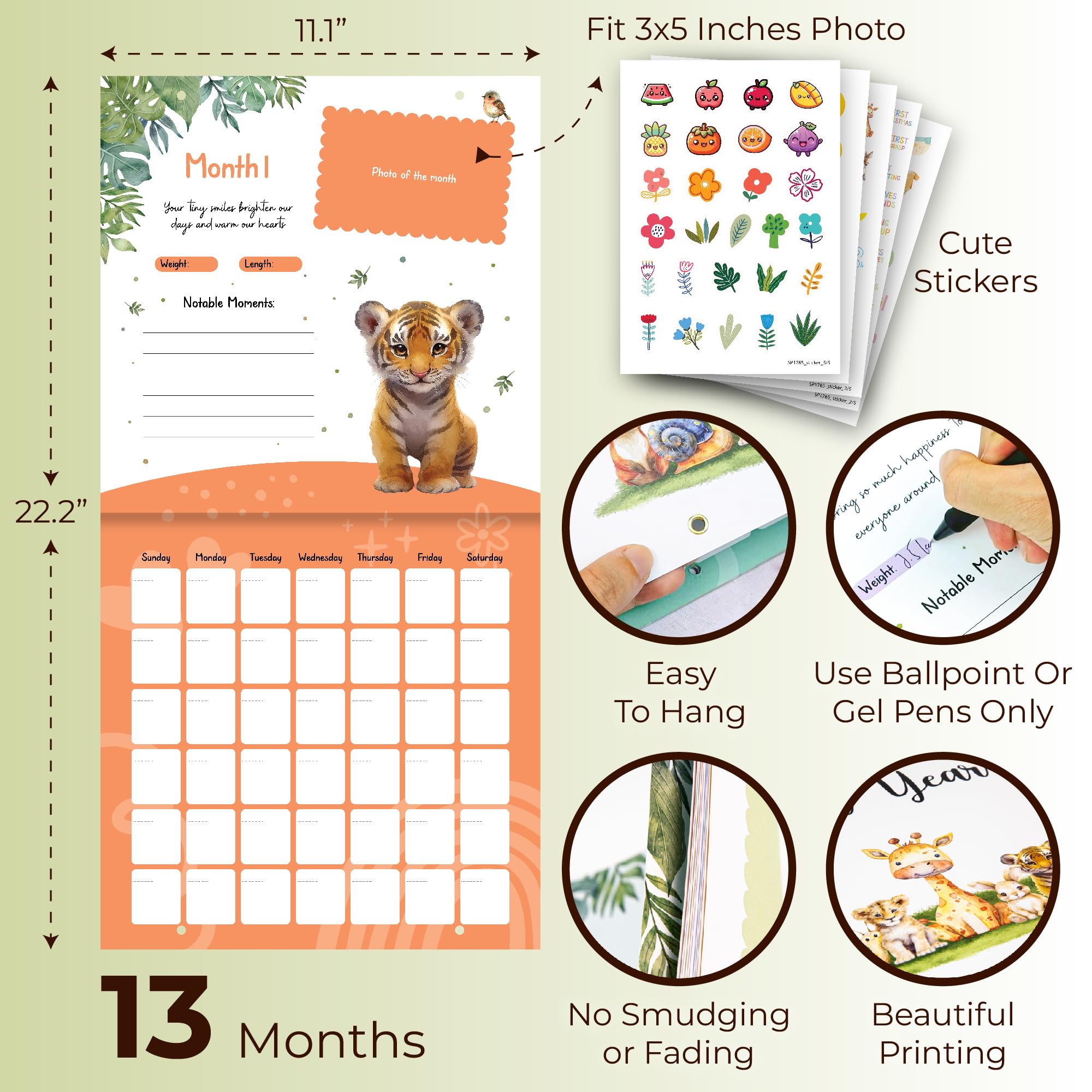 Woodamore Baby Calendar inside pages organize milestones for easy memory keeping.