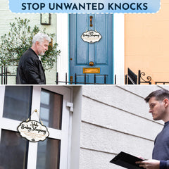 Woodamore Shhh no knock front door sign communicates quiet time for baby