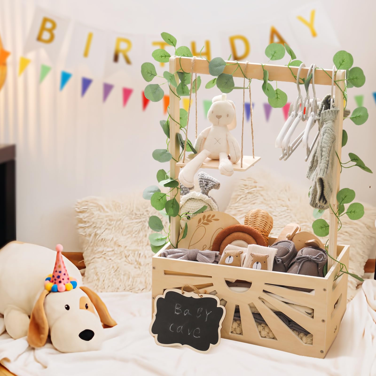 WOODEN TEETHER eucalyptus-leaves accent adds elegant nursery styling.