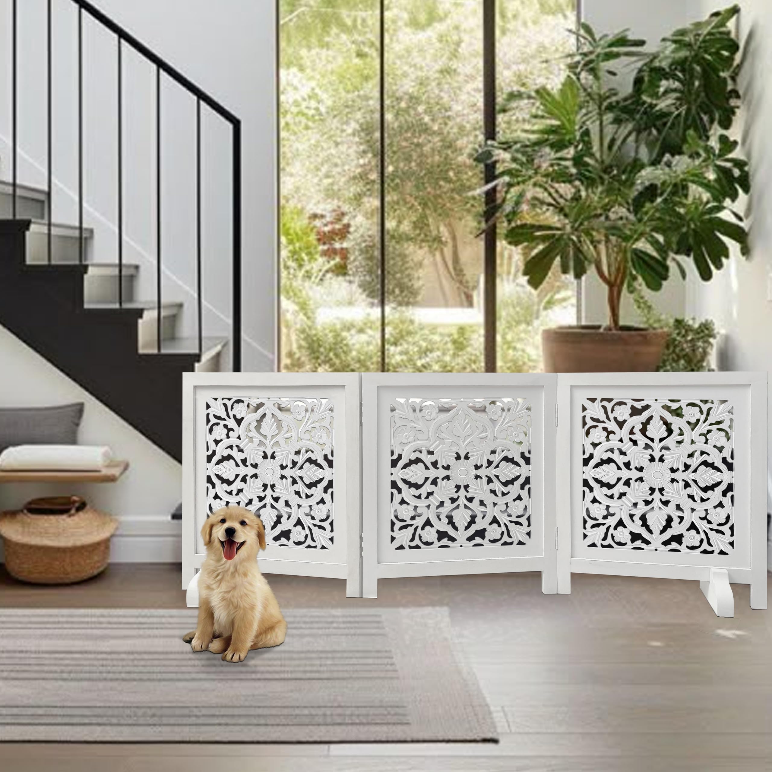 Woodify 3-panel folding dog gate demonstrates flexible room setup.
