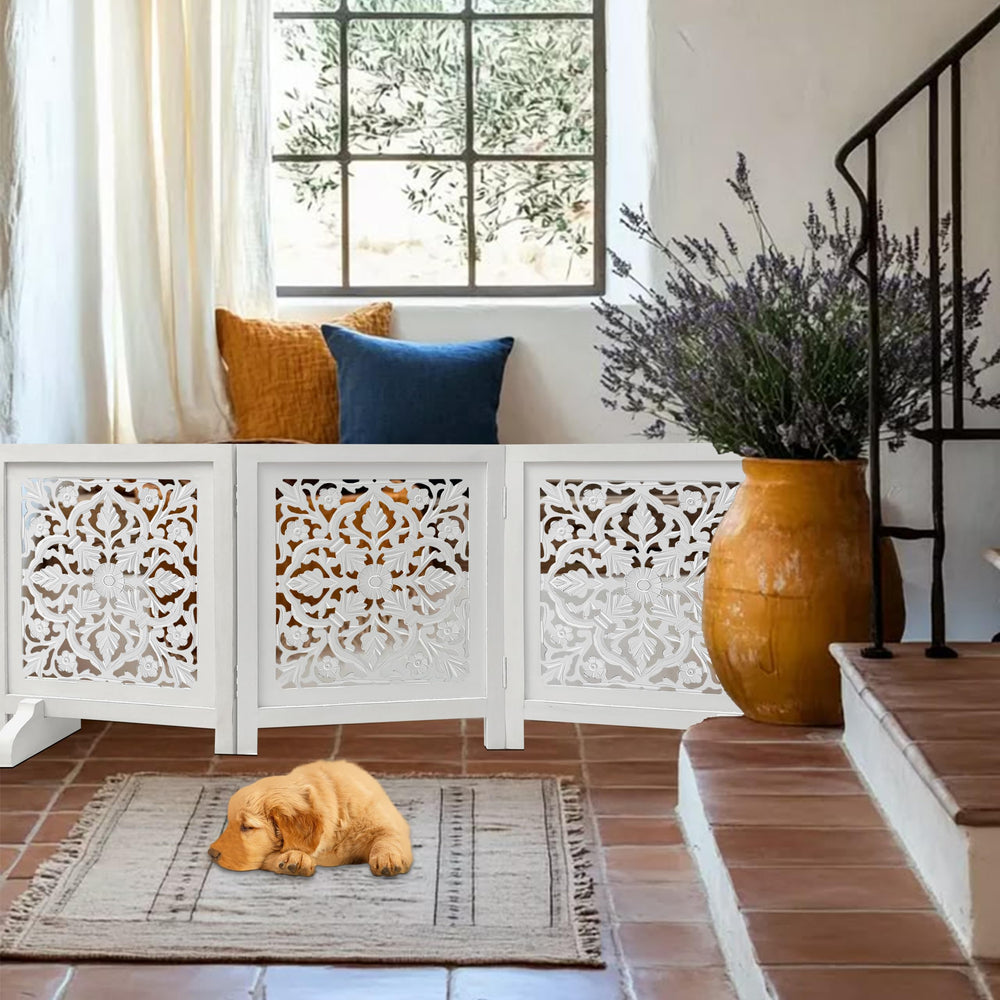 Woodify dog gate in hallway provides a pet barrier without clutter.