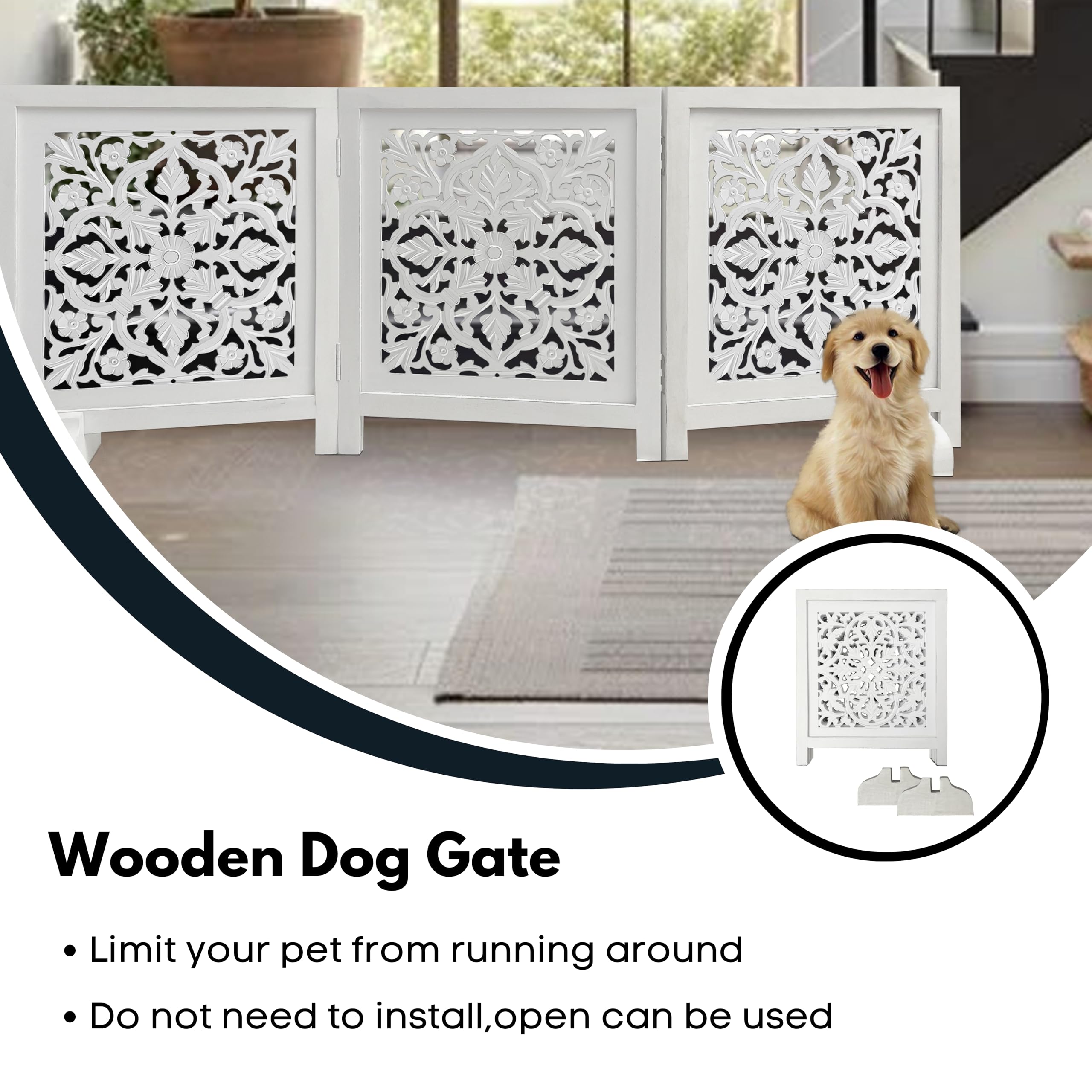 Woodify dog gate on stairs demonstrates safe passage without drilling.