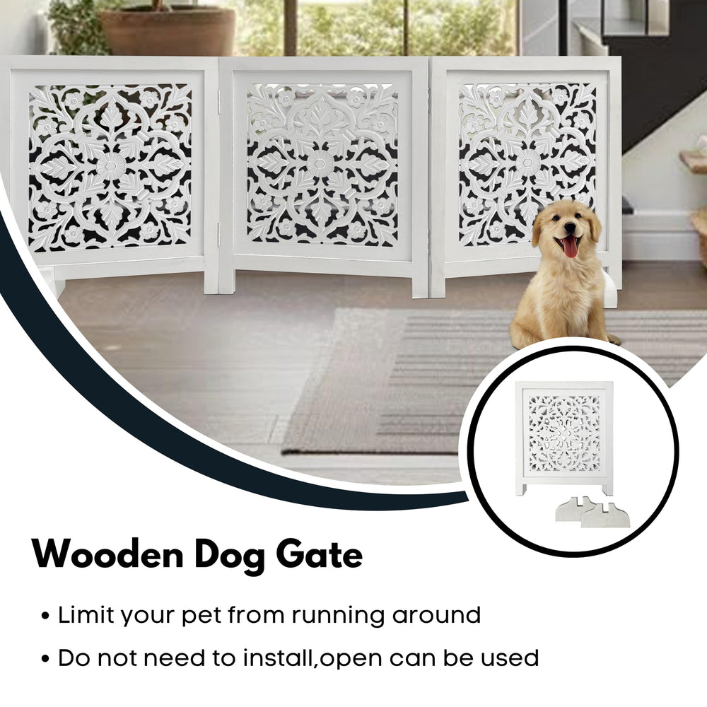 Woodify dog gate on stairs demonstrates safe passage without drilling.