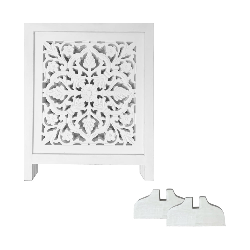 Woodify white antique finish closeup highlights elegant Lucy design.