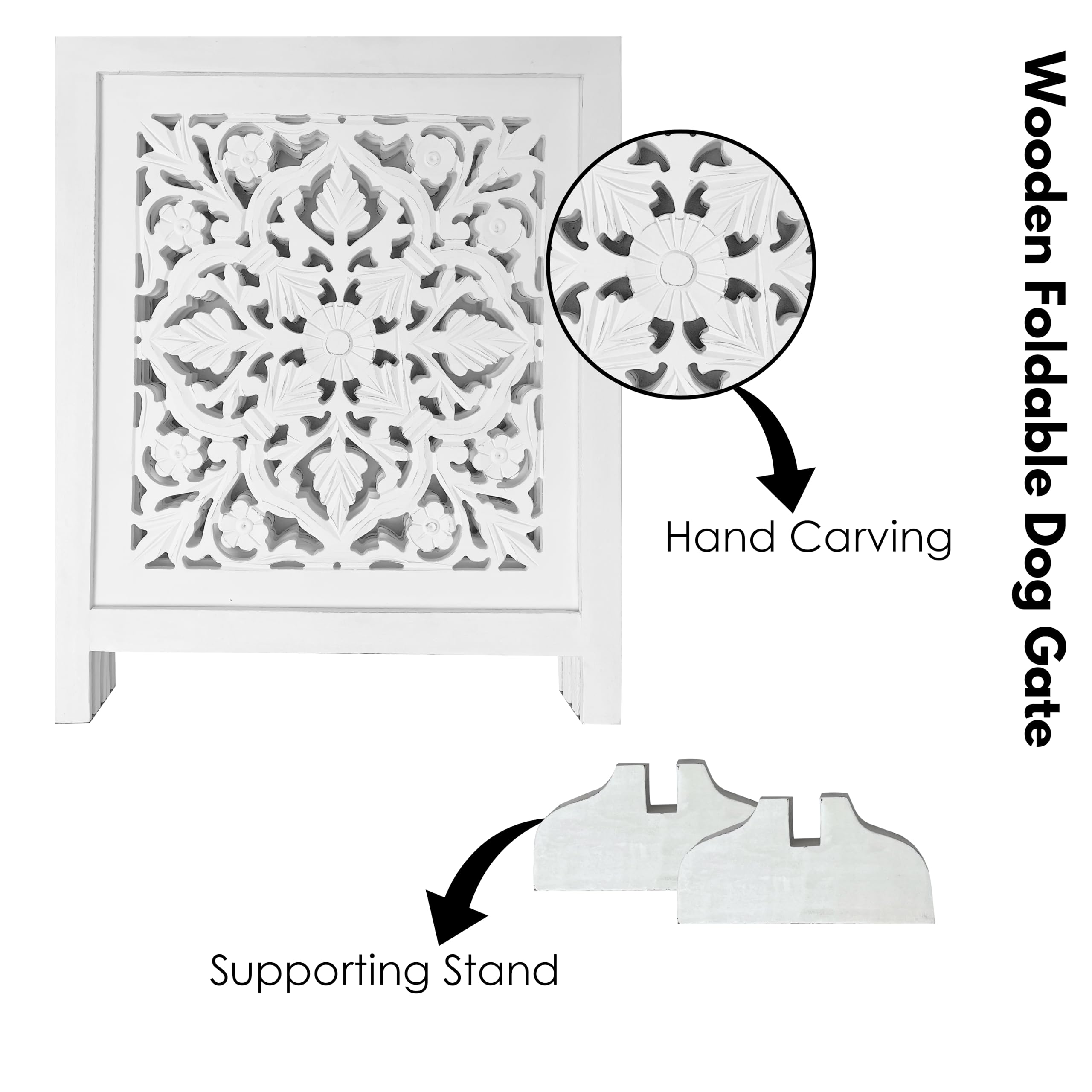 Woodify freestanding dog gate setup shows easy placement anywhere.