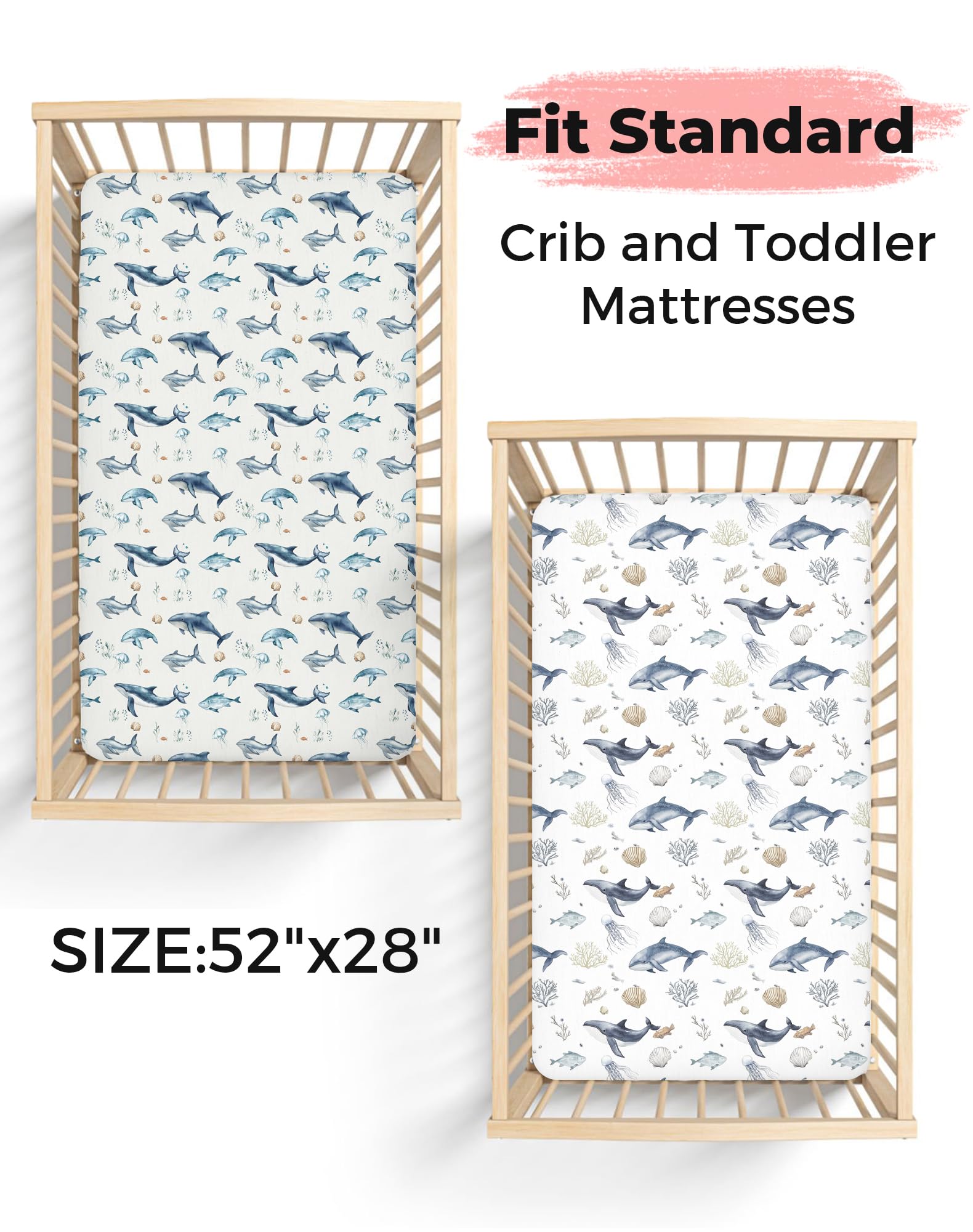 Woodiville Aquatic Adventures crib sheet elastic band highlights secure fit for peaceful nights.