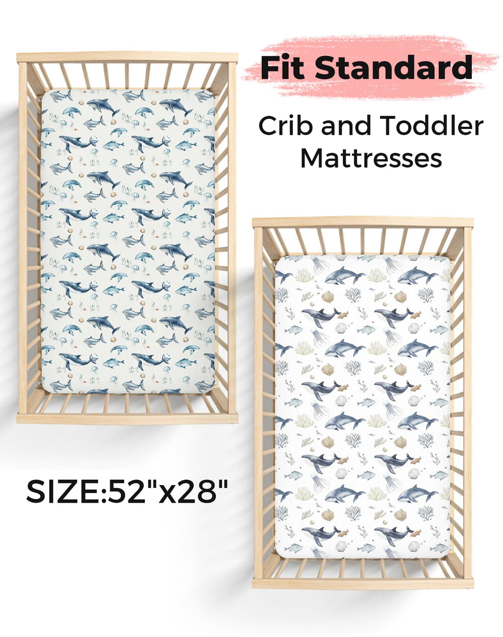 Woodiville Aquatic Adventures crib sheet elastic band highlights secure fit for peaceful nights.