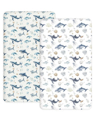 Woodiville Aquatic Adventures crib sheet folded close-up shows soft breathable jersey for gentle naps.