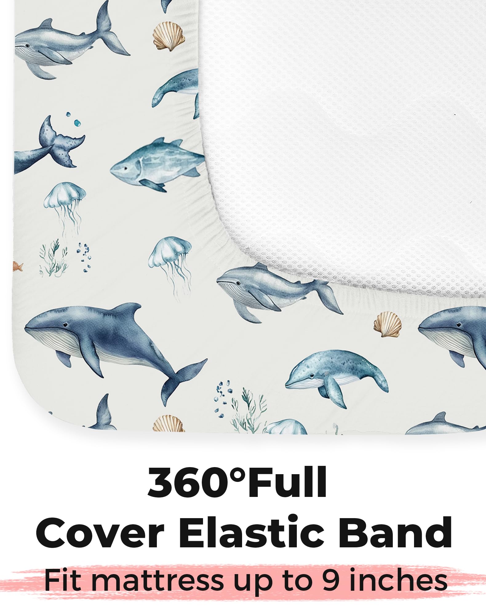 Woodiville Aquatic Adventures crib sheets stain concealment keeps nursery looking fresh between washes.