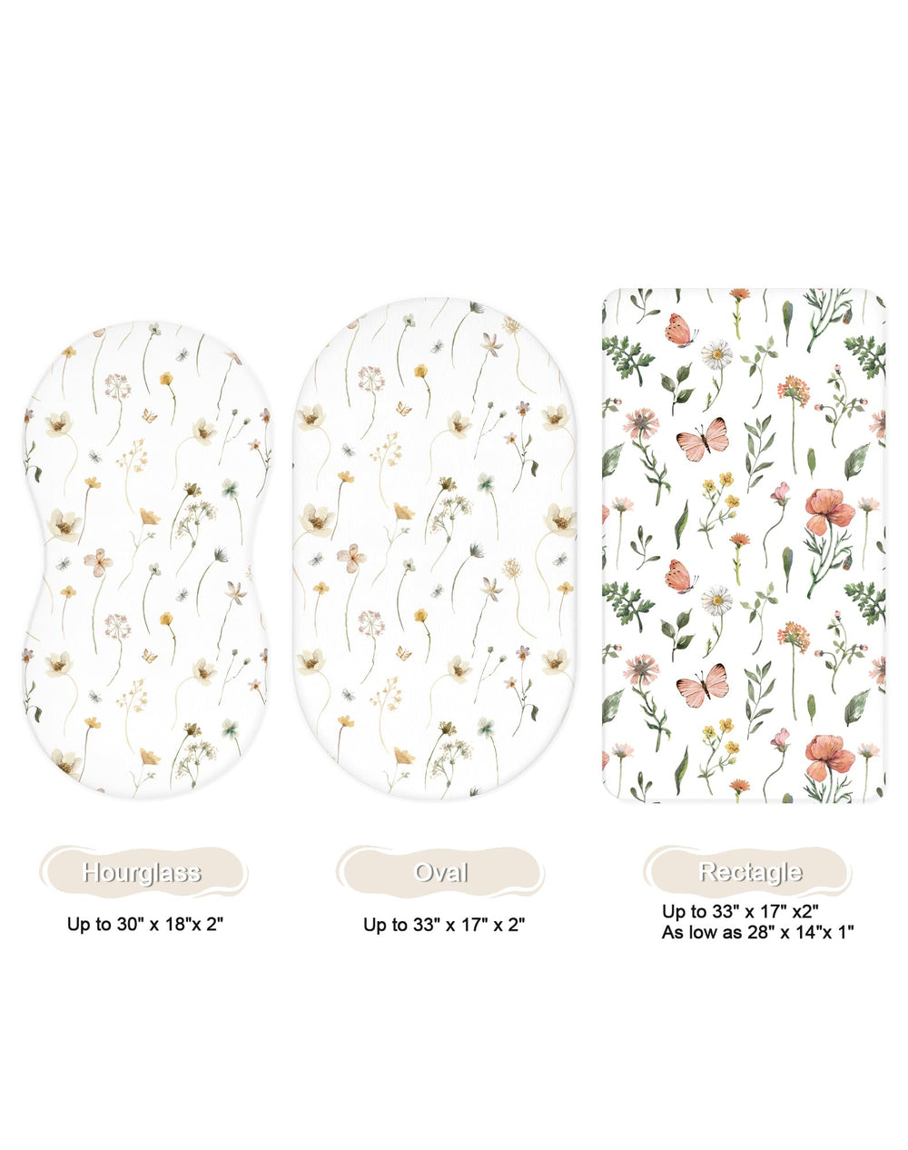 Woodiville bassinet sheets butterfly pattern close-up highlights stylish design and stain resistance.
