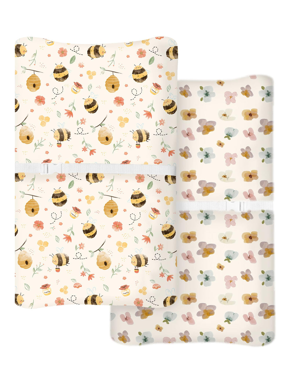 Woodiville Bee Happy pattern on pad shows snug fit for quick diaper changes.