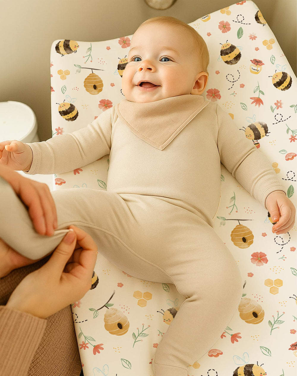 Woodiville changing pad cover silky breathable knit against baby's skin reduces snagging.