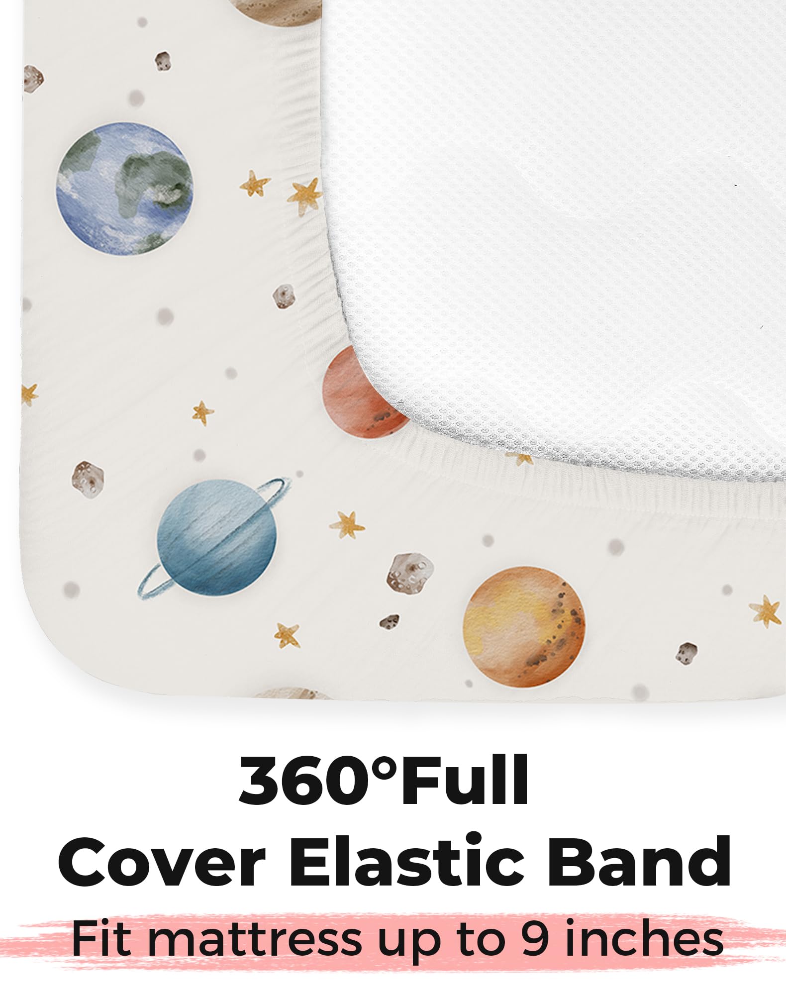 Woodiville Stellar Adventure fitted sheet highlighting durable elastic band around edges.