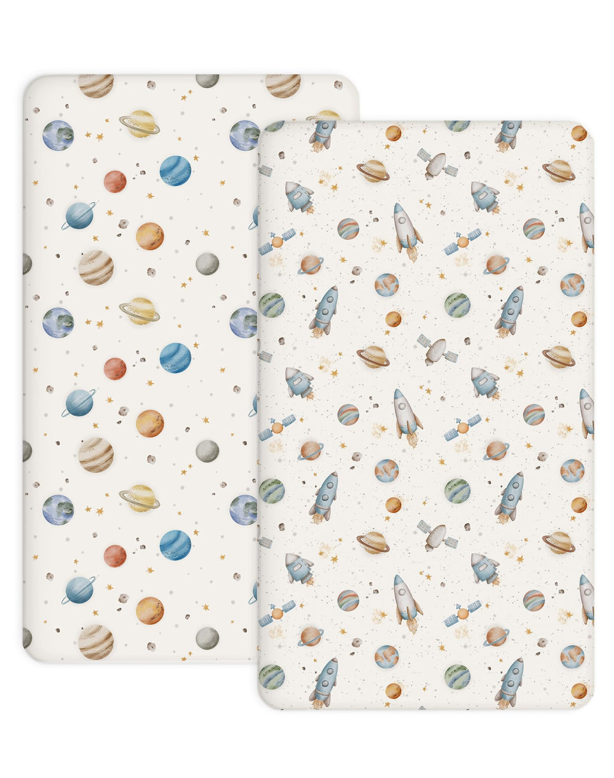 Woodiville Stellar Adventure crib sheet showing snug fit on 28x52 crib mattress with secure edge elastic.
