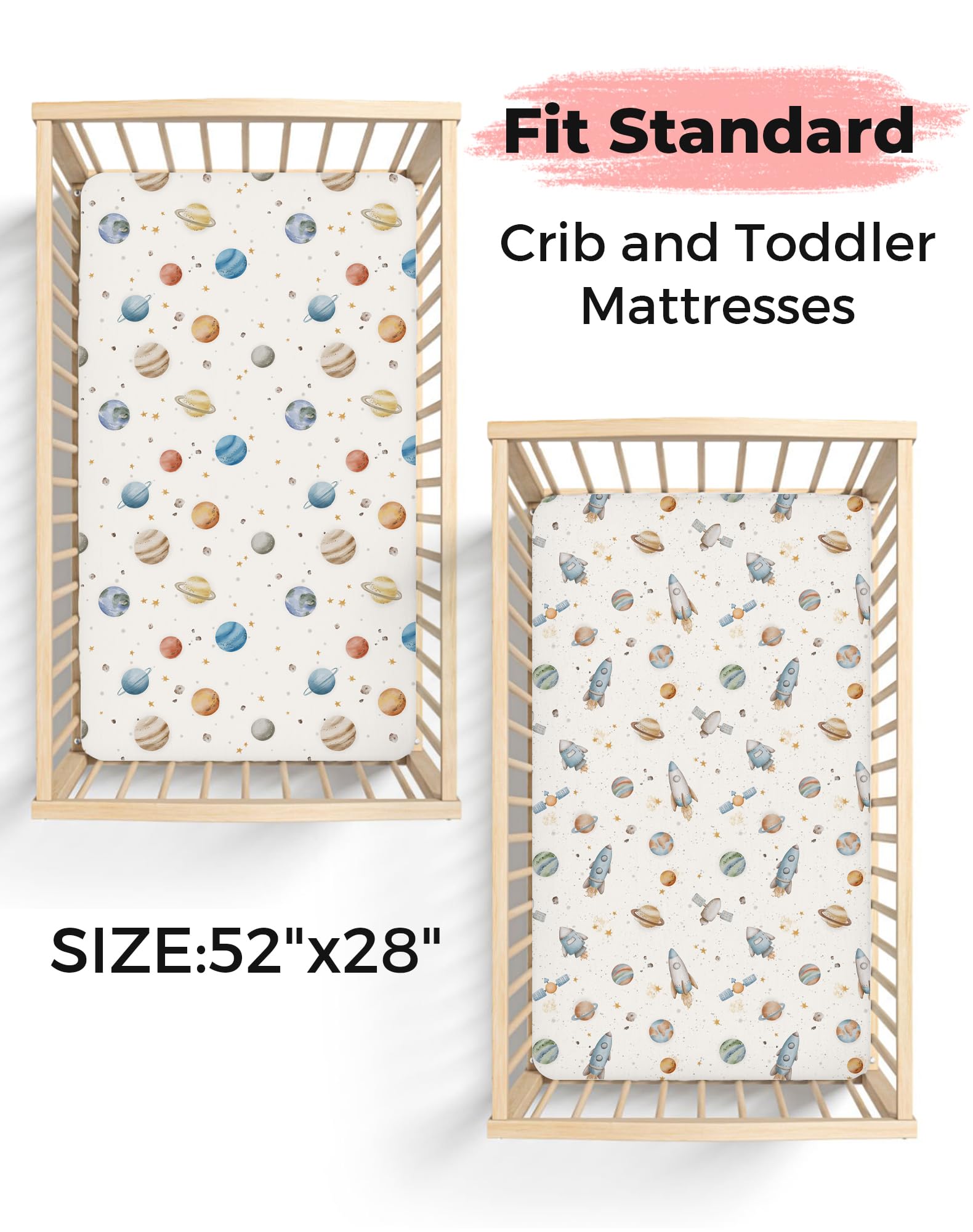 Woodiville Stellar Adventure sheet with stain-concealing design for easy nursery upkeep.
