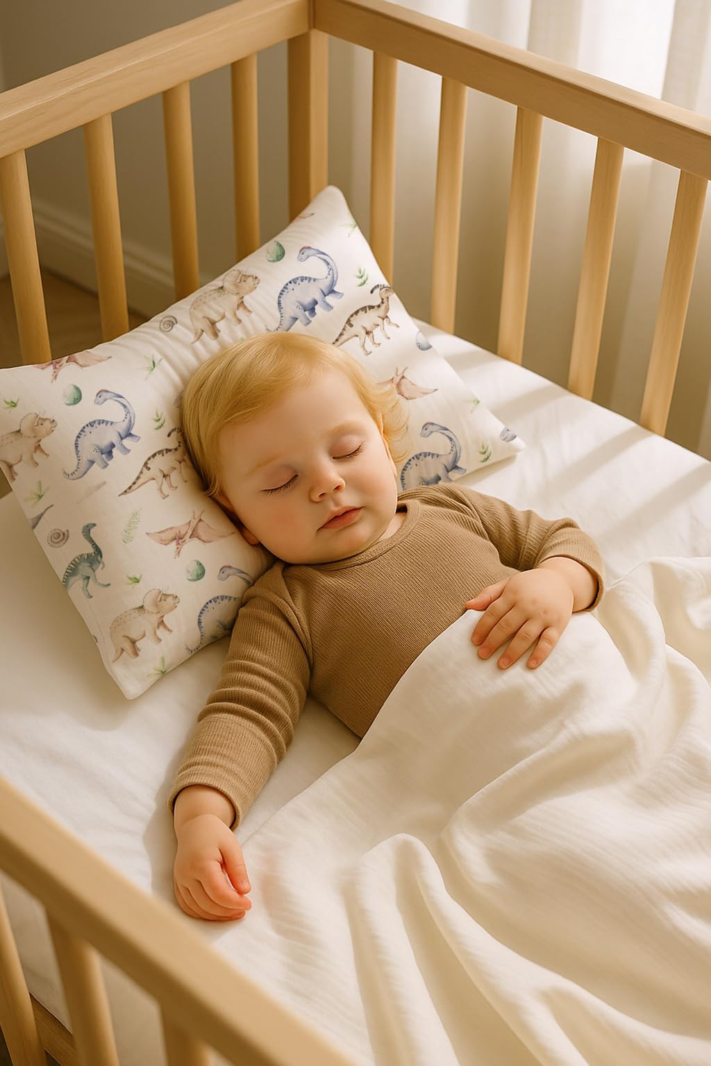 Woodiville Dino Pals pillowcase envelope closure keeps pillow secure for tidy bed setups.