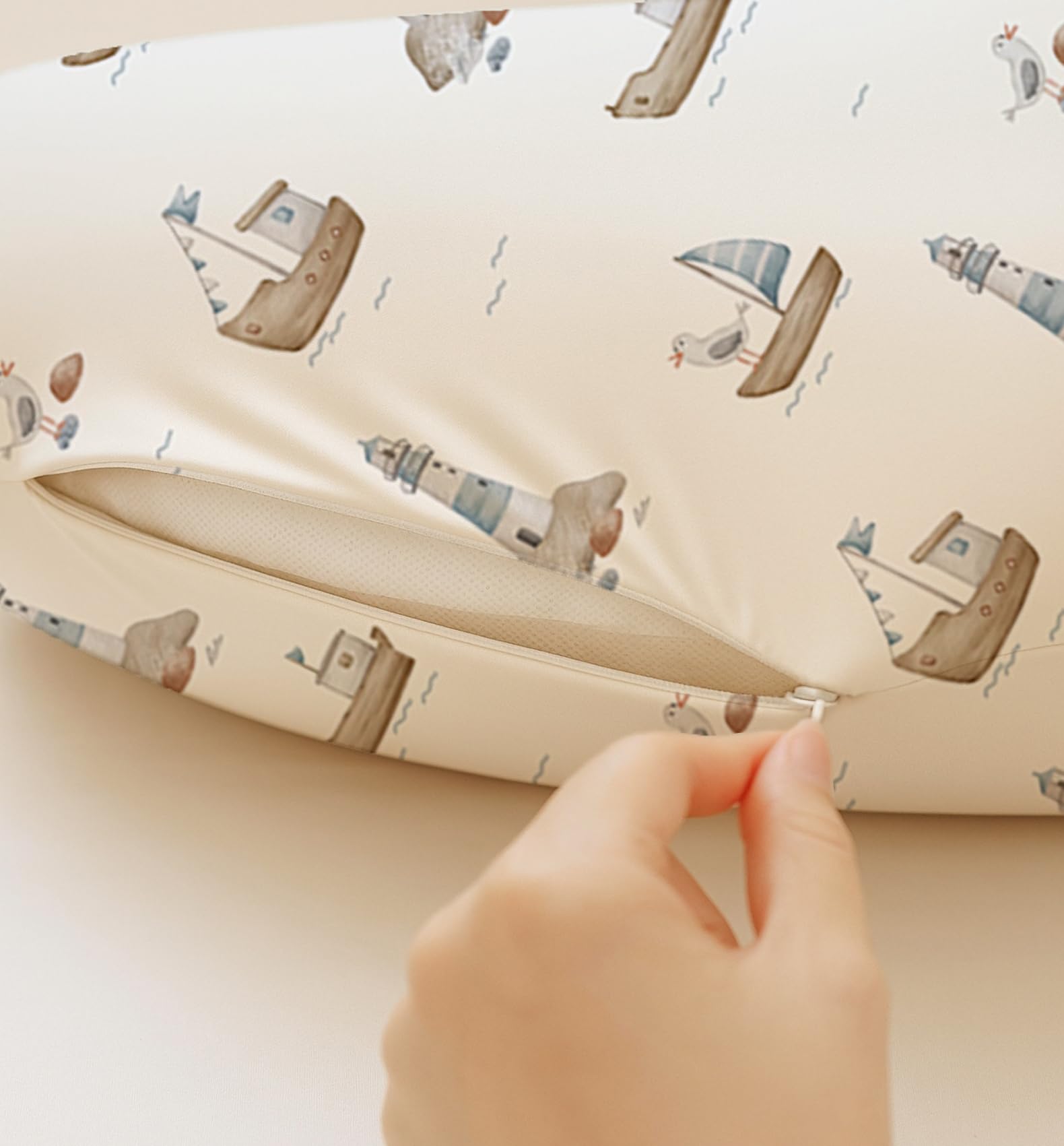 Woodiville Nursing Pillow Cover Sailing Waves breathable fabric promotes calm feeding.