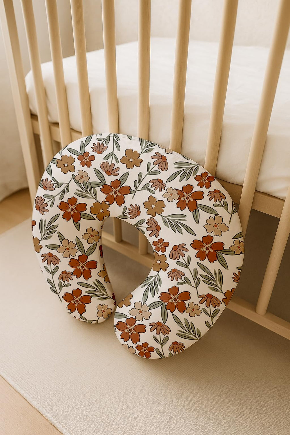 Woodiville nursing pillow covers breathable stretch-material close-up shows flexible comfort during feeding.