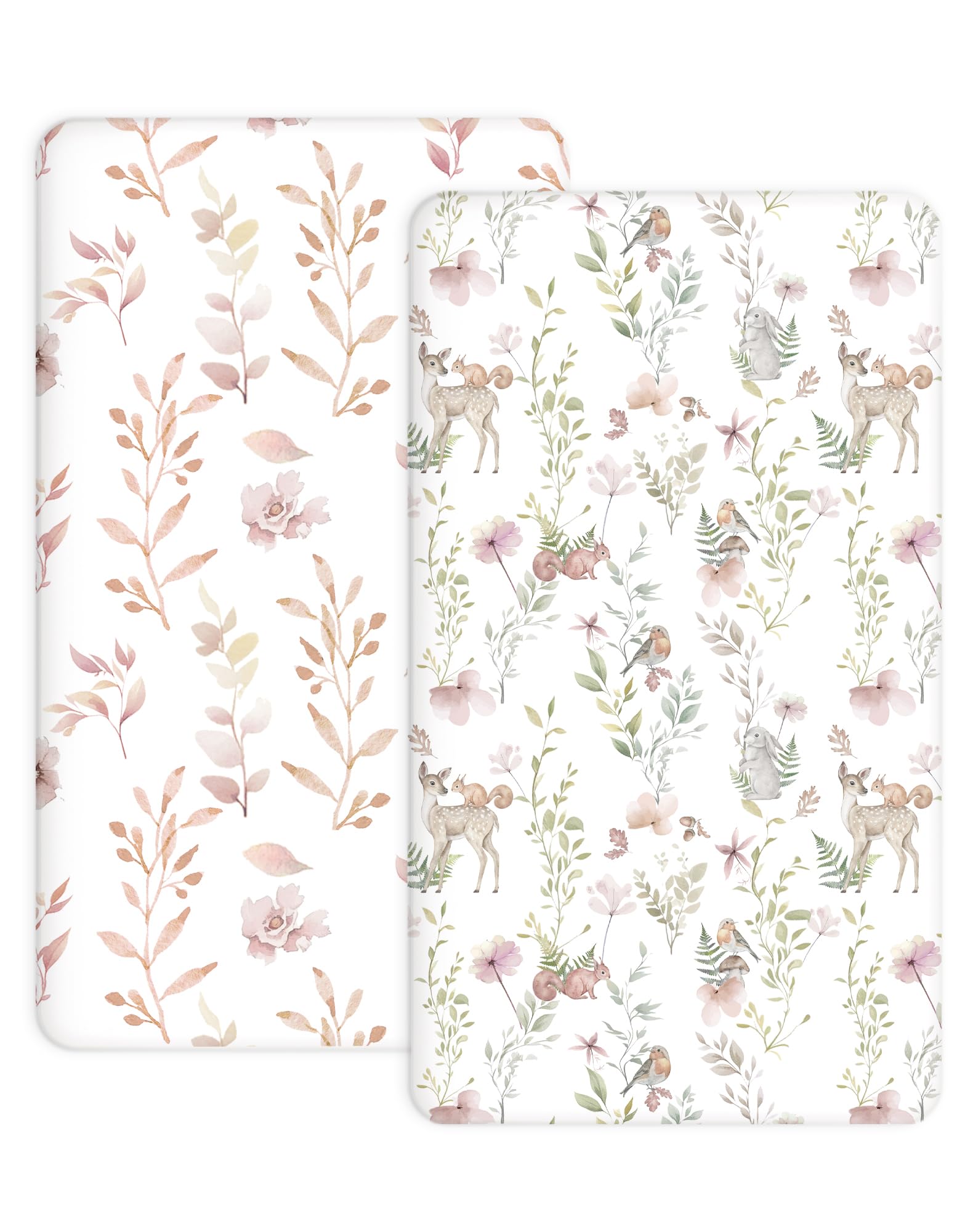 Woodiville Pack N Play Sheets Floral Fawn front view shows snug fit