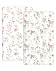 Woodiville Pack N Play Sheets Floral Fawn front view shows snug fit