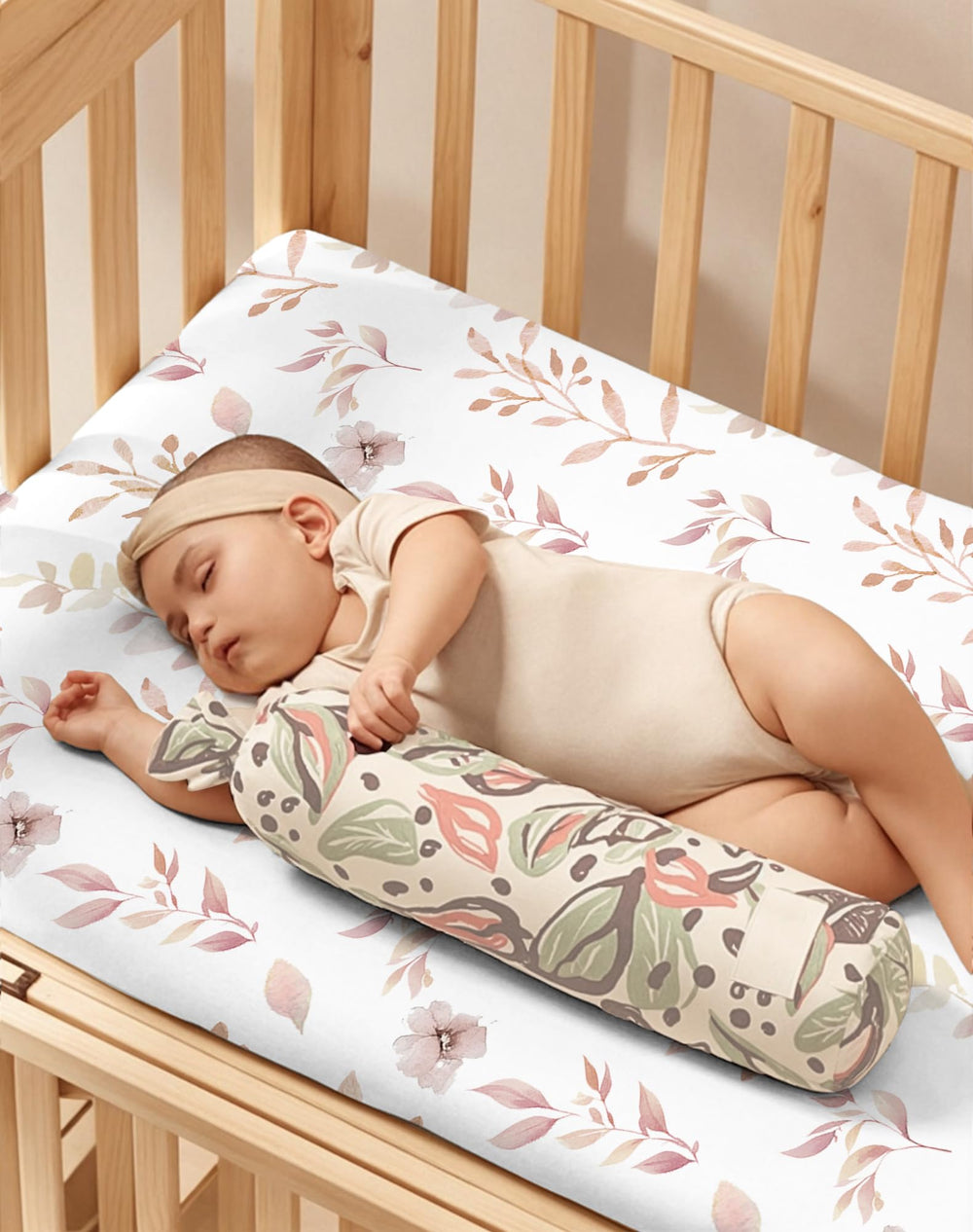 Woodiville Floral Fawn sheets on a Pack N Play bed in use scenario