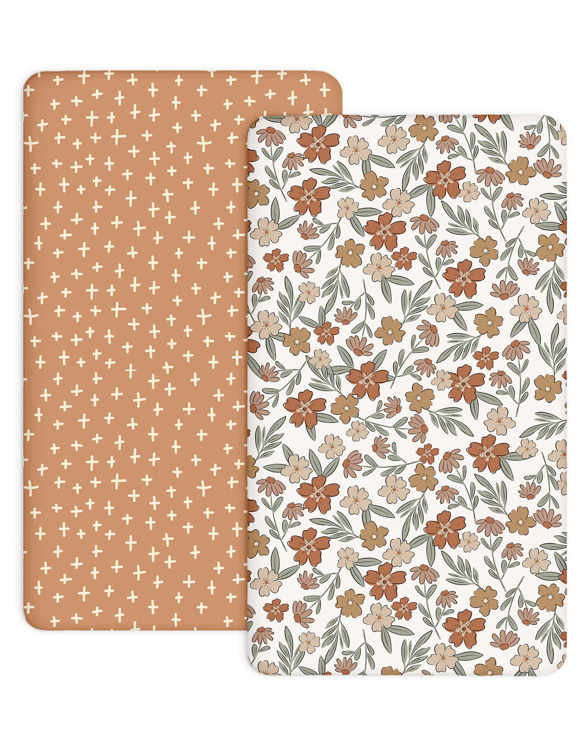 Woodiville Pack N Play Sheets Rusty Garden front view shows snug fit for peaceful sleep.