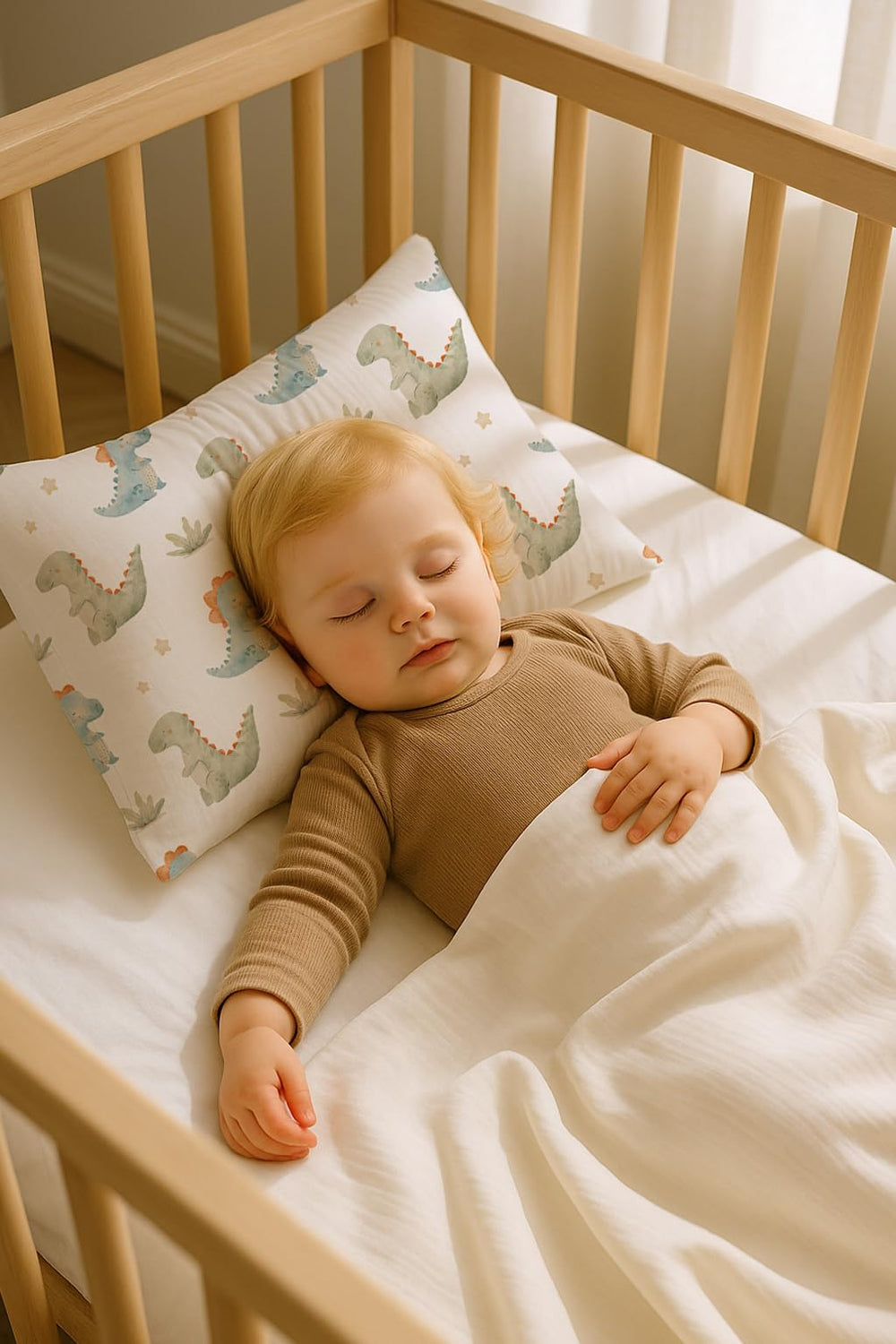 Woodiville envelope closure detail keeps the pillow secure during nap time and play.