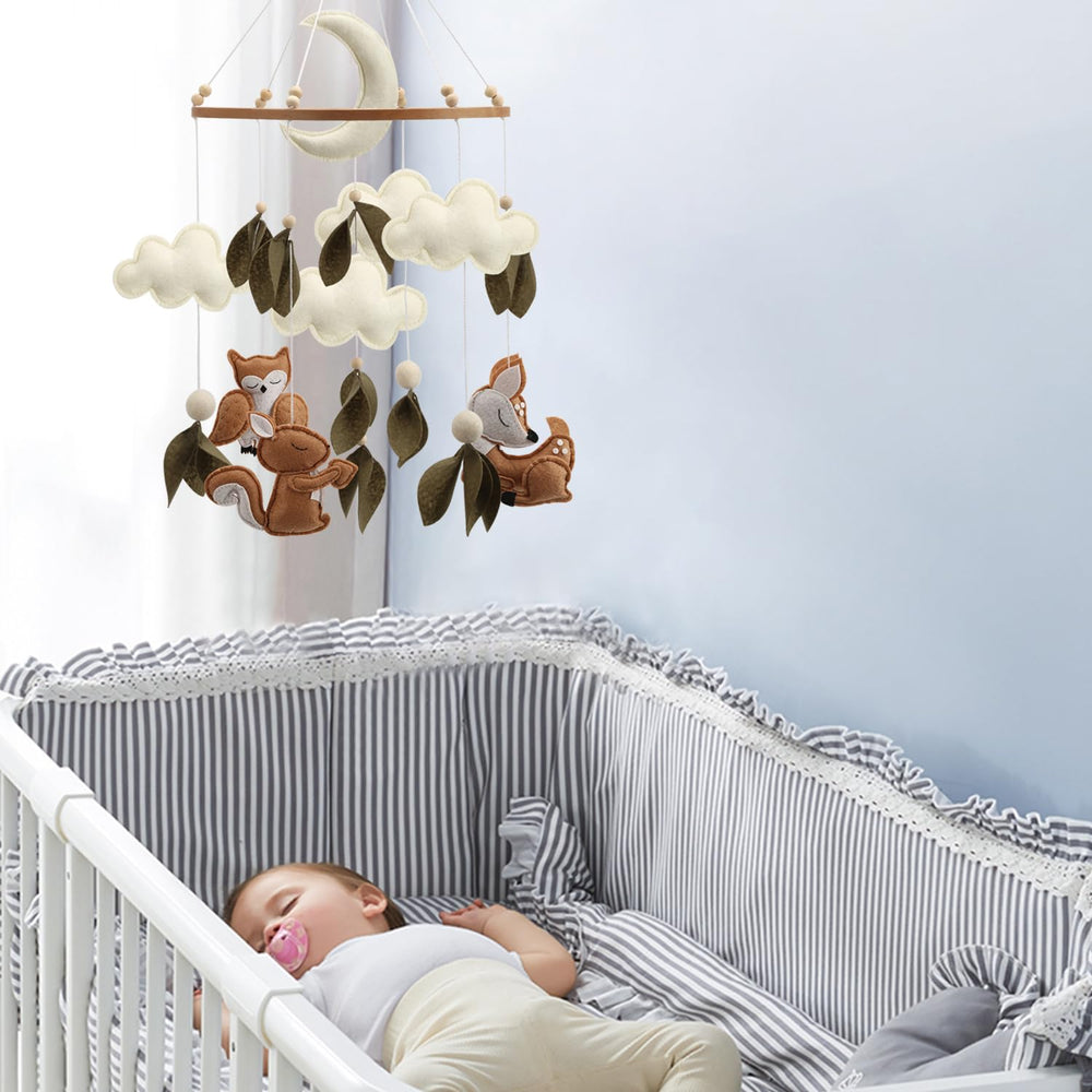 Woodland Animals Baby Mobile securely sewn pieces ensure durable display.