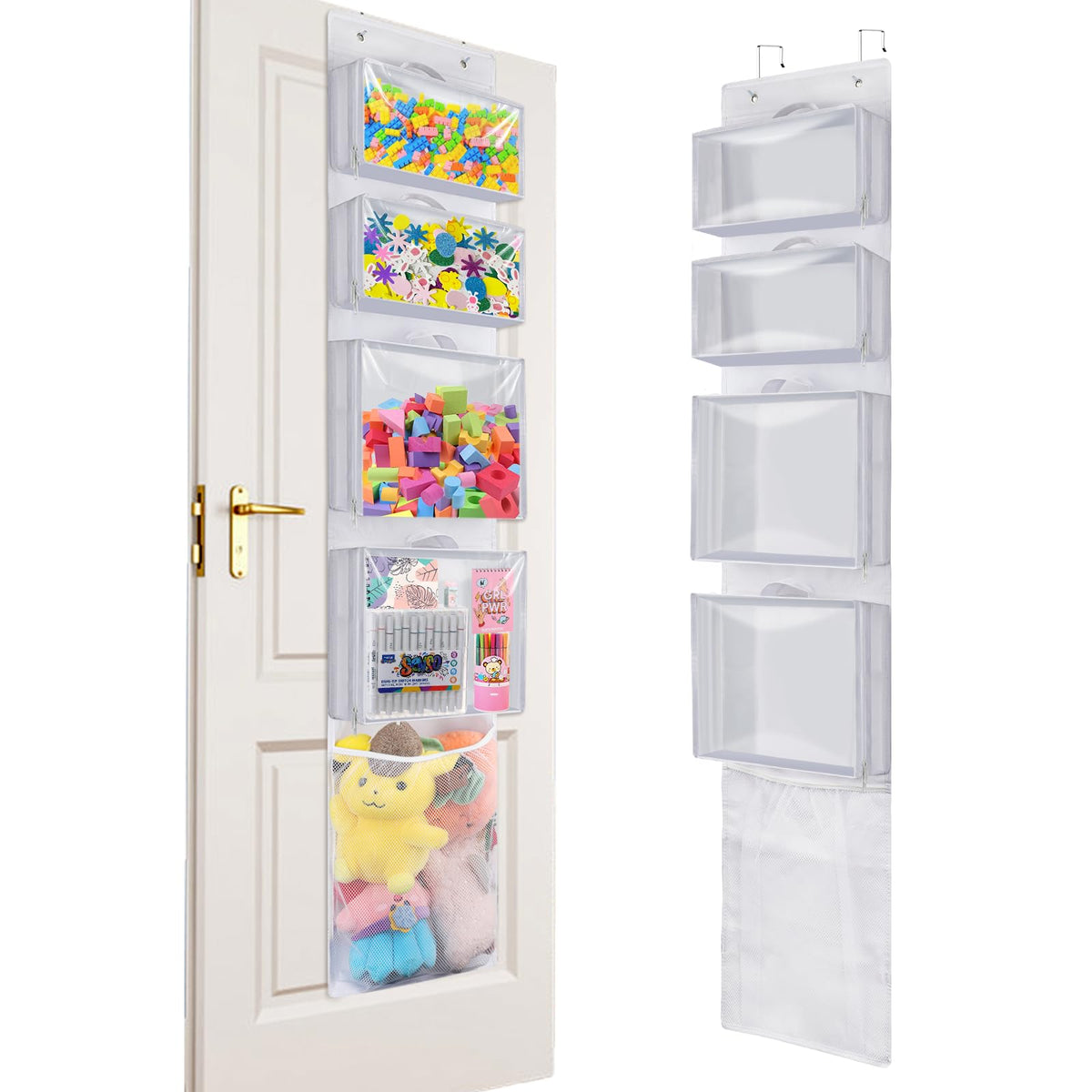Woodoulogy Hanging Storage over Door with removable cases keeps toys neatly organized and accessible