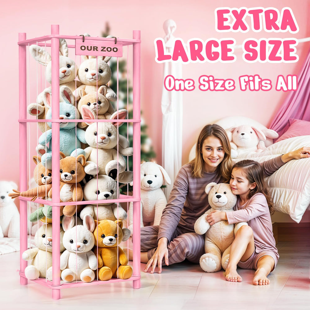 Woodure stuffed animal storage assembled in a room setup to fit real spaces