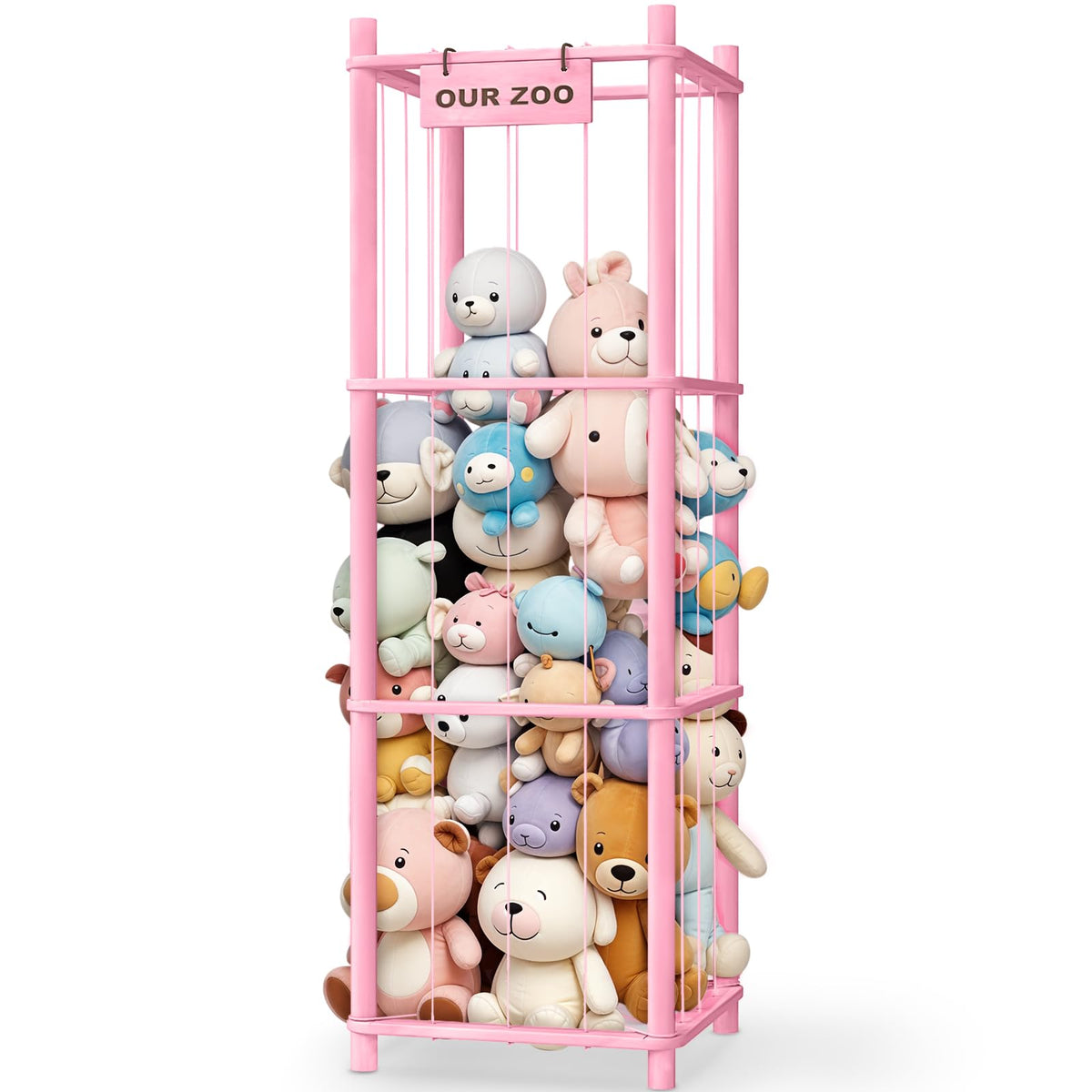 Woodure stuffed animal storage front view showing organized toy zoo for a tidy room