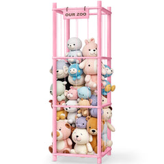 Woodure stuffed animal storage front view showing organized toy zoo for a tidy room
